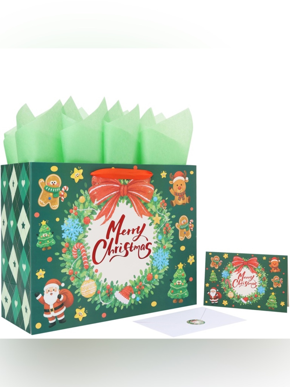 NWT Merry Christmas Gift Bag Set Card Tissue Paper Holiday